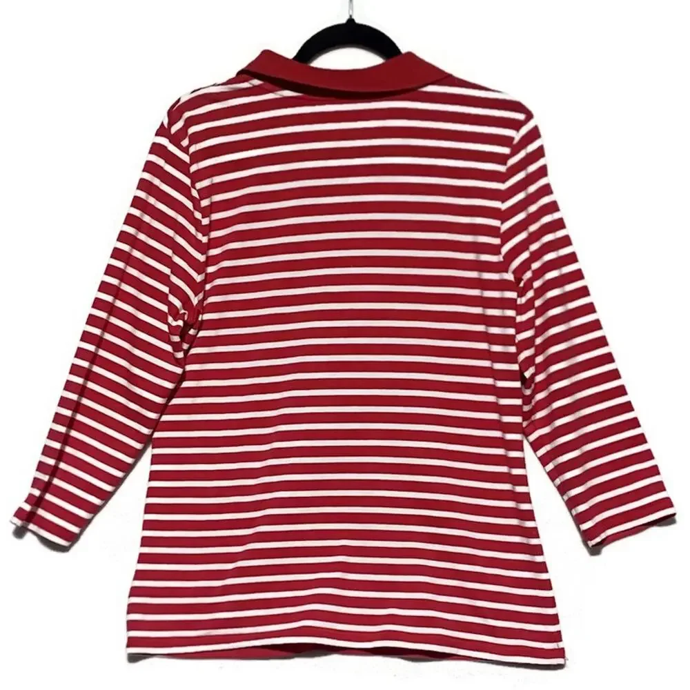 Michael Kors Red White Striped Top Women's Large 3/4 Sleeve Zip Front Blouse